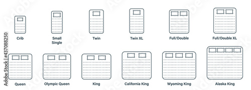 Mattress Sizes and Bed Dimensions. Different Mattress Line Icons. Dimension Measurements for Crib, Small Single, Twin, Full or Double, Queen and King Size Bed. Editable stroke. Vector illustration