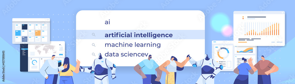 mix race people and robots choosing ai in search bar on virtual screen artificial intelligence internet networking mix race people and robots choosing ai in search bar on virtual screen artificial intelligence internet networking