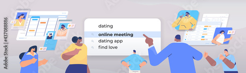 mix race people choosing dating in search bar on virtual screen online meeting find love internet networking concept