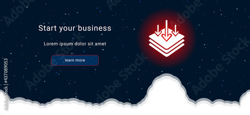 Business startup concept Landing page screen. The absorbent symbol on the right is highlighted in bright red. Vector illustration on dark blue background with stars and curly clouds from below