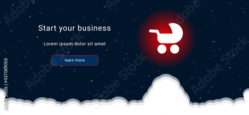 Business startup concept Landing page screen. The baby carriage symbol on the right is highlighted in bright red. Vector illustration on dark blue background with stars and curly clouds from below
