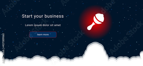 Business startup concept Landing page screen. The baby rattle symbol on the right is highlighted in bright red. Vector illustration on dark blue background with stars and curly clouds from below