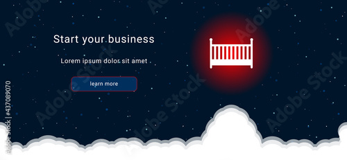 Business startup concept Landing page screen. The baby cot symbol on the right is highlighted in bright red. Vector illustration on dark blue background with stars and curly clouds from below