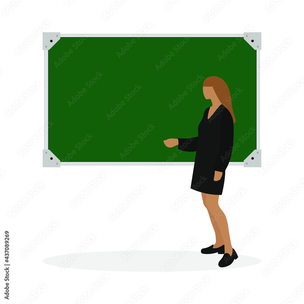 Female character in dress and shoes stands near blackboard on white background Female character in dress and shoes stands near blackboard on white background