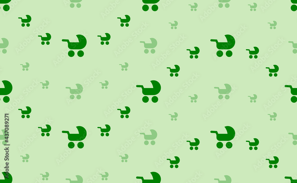 Seamless pattern of large and small green baby carriage symbols. The elements are arranged in a wavy. Vector illustration on light green background