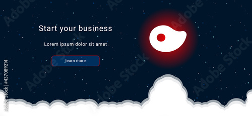 Business startup concept Landing page screen. The steak symbol on the right is highlighted in bright red. Vector illustration on dark blue background with stars and curly clouds from below