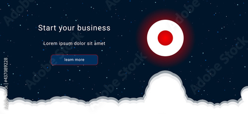 Business startup concept Landing page screen. The record media symbol on the right is highlighted in bright red. Vector illustration on dark blue background with stars and curly clouds from below