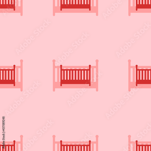 Seamless pattern of large isolated red baby cot symbols. The elements are evenly spaced. Vector illustration on light red background