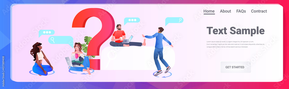 people standing near question mark online consultation client support center concept horizontal people standing near question mark online consultation client support center concept horizontal