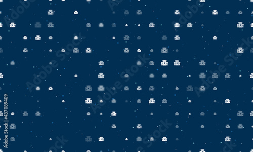 Seamless background pattern of evenly spaced white castle symbols of different sizes and opacity. Vector illustration on dark blue background with stars