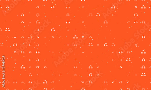 Seamless background pattern of evenly spaced white headphones symbols of different sizes and opacity. Vector illustration on deep orange background with stars