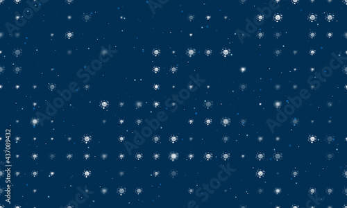 Seamless background pattern of evenly spaced white cosmic symbols of different sizes and opacity. Vector illustration on dark blue background with stars