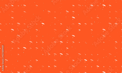 Seamless background pattern of evenly spaced white umbrella symbols of different sizes and opacity. Vector illustration on deep orange background with stars