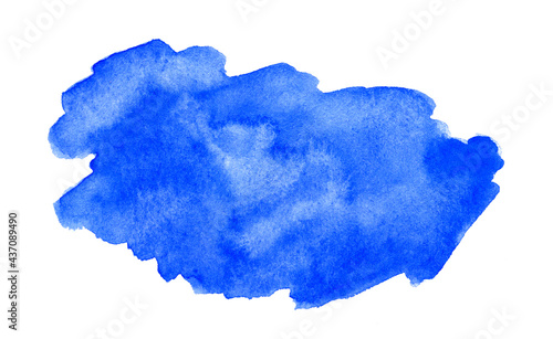 Blue watercolor hand drawn stain on white paper grain texture. Abstract water color artistic brush paint splash background.
