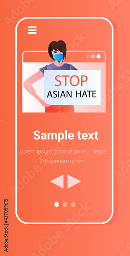stop asian hate woman activist in mask protesting against racism support people during coronavirus pandemic