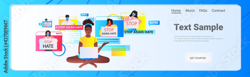 stop asian hate activists in masks protesting against racism in web browser windows support people during coronavirus pandemic concept copy space horizontal vector illustration