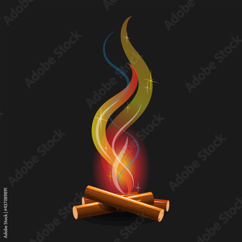 A burning bonfire with dry logs, high flames and glowing sparks. Picture on a dark background. Vector illustration