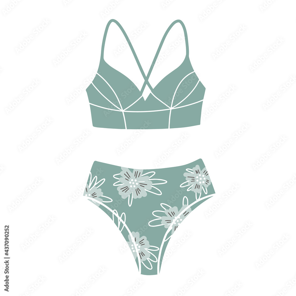 Two-piece swimsuit with floral print. Modern fashion stylish swimsuit. Vector Illustration. Bathing clothes