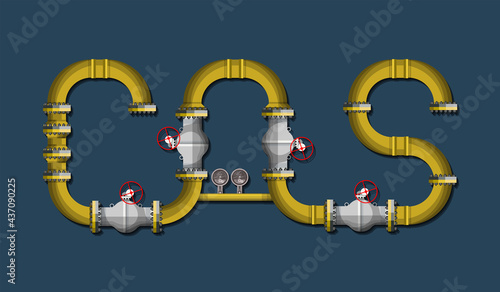 The word Gas, formed from fragments of a pipeline with valves, flanges and pressure gauges. Industrial fantasy. Steampunk. Vector illustration