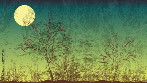 Night landscape. Silhouettes of bare trees and bushes against the background of the night sky and the large moon. Vector illustration