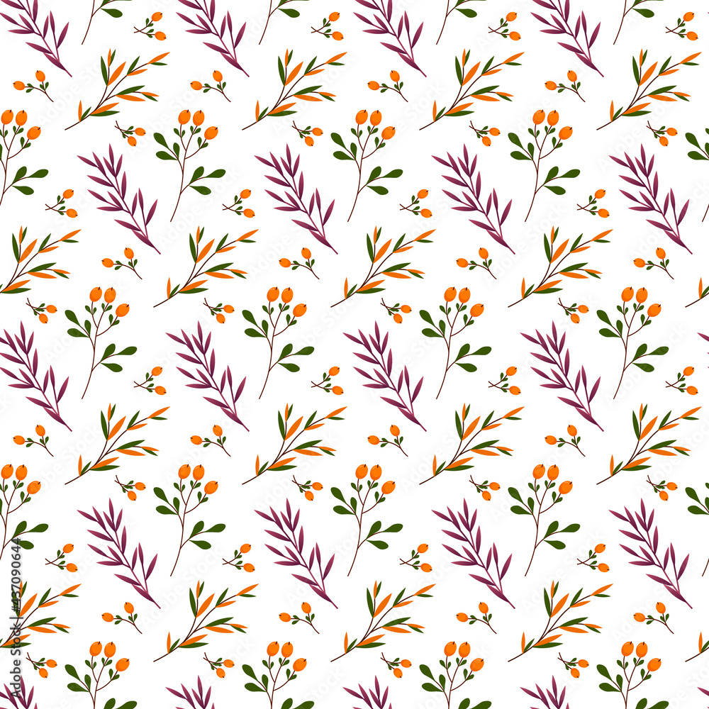 Seamless herbal pattern. Purple grass and branches with orange berries. Vector illustration. For use in apparel, prints, flyers, covers and brochures, scrapbooking and wrapping papers.