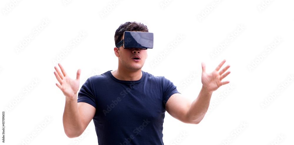 Man playing with virtual reality glasses on white background Man playing with virtual reality glasses on white background