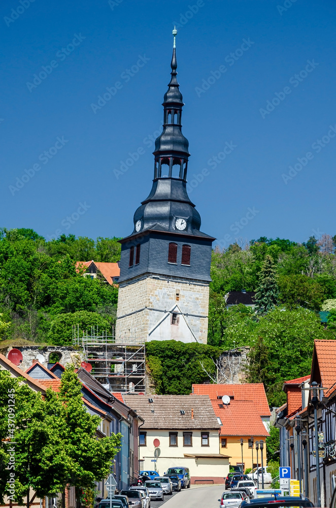 Schifer Kirchturm der Oberkiche von Bad Frankenhausen, Kyffhäuser, Thüringen