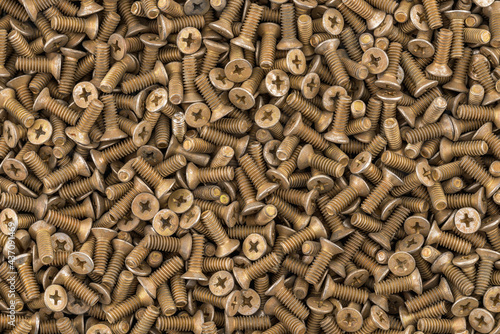 Old brass countersunk head screws with a phillips head screwdriver. Texture, background of screws. Gold color screws. Brass metal