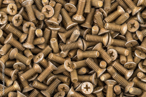 Old brass countersunk head screws with a phillips head screwdriver. Texture, background of screws. Gold color screws. Brass metal