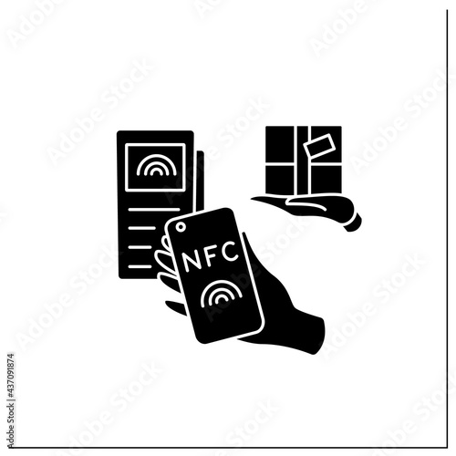 NFC glyph icon. Safety delivery payment system on mobile phone.Parcel delivery. Near Field Communication. Contactless payment concept.Filled flat sign. Isolated silhouette vector illustration