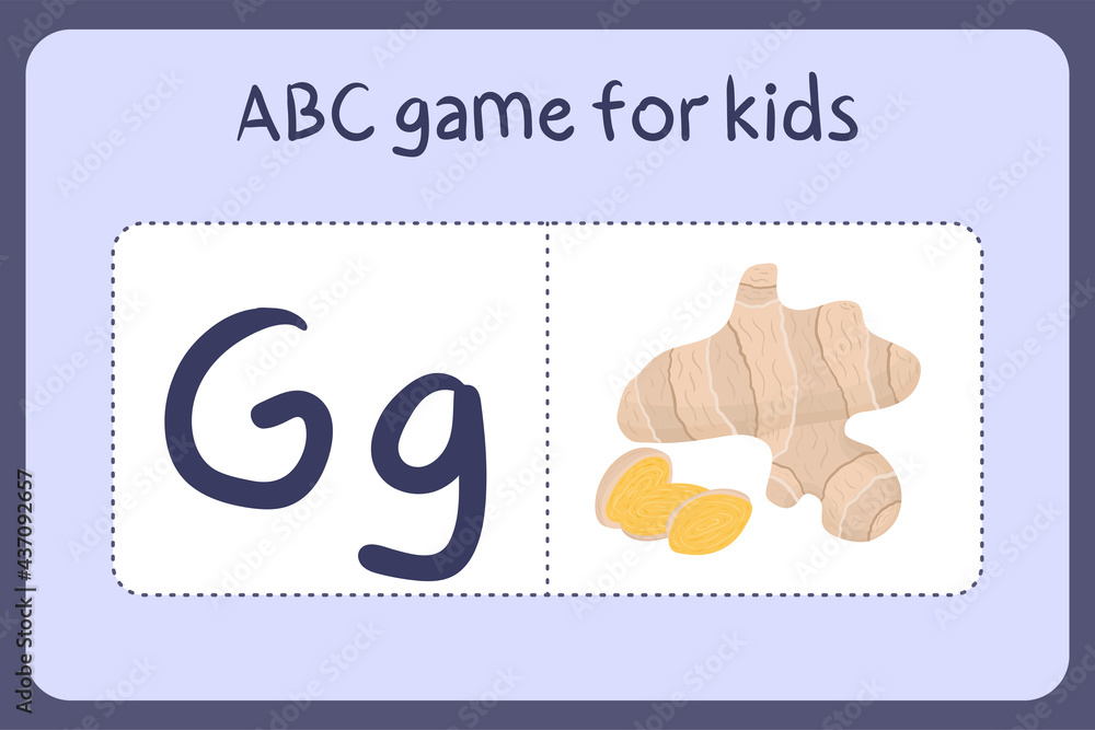 Kid alphabet mini games in cartoon style with letter G - ginger. Vector illustration for game design - cut and play. Learn abc with fruit and vegetable flash cards.