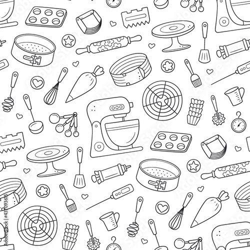 Seamless pattern with tools for making cakes, cookies and pastries. Doodle confectionery tools - stationary dough mixer, baking pans and pastry bag. Hand drawn vector illustration on white background.