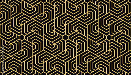 Abstract geometric pattern with stripes, lines. Seamless vector background. Gold and black ornament. Simple lattice graphic design