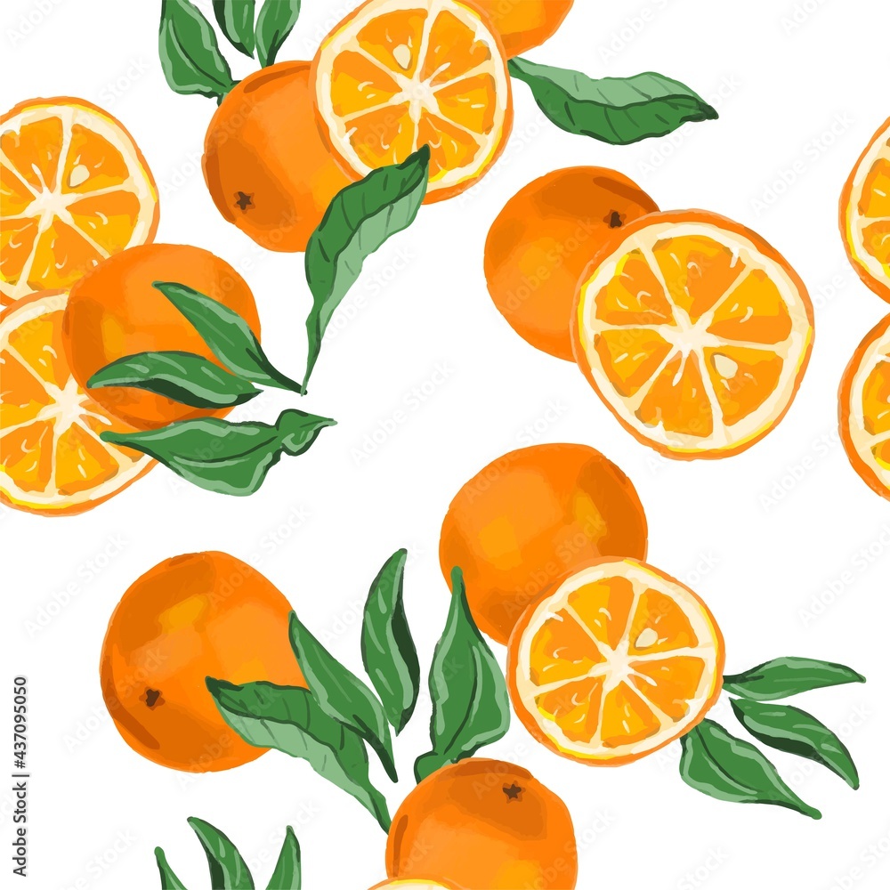 Vecteur Stock Orange Fruits with leaves beautiful Seamless pattern