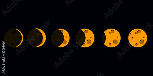 Yellow moon different phases on dark blue background flat vector icon.