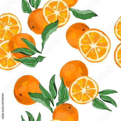 Orange Fruits with leaves beautiful Seamless pattern Trend Fruit Print for textile vector illustration