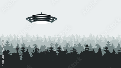 Abstract Aliens On Flying Saucers Background Unidentified Flying Object World Ufo Day Forest Monochrome Vector Design Style
