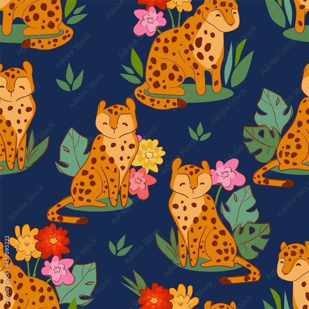 Naklejka premium Cute leopard and flowers pattern seamless tropical print design, vector illustration Childrens design print
