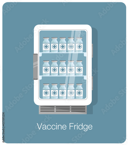 Vaccine fridge flat vector illustration. Laboratory refrigerator with vaccine vial bottles inside. Hospital medicine clinic equipment. Health care, immunization, antigen stop virus concept.