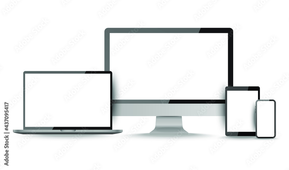 Display screen. Realistic set of monitor, tablet, laptop, smartphone blank isolated devices. Object with shadow vector illustrator. Display screen. Realistic set of monitor, tablet, laptop, smartphone blank isolated devices. Object with shadow vector illustrator.