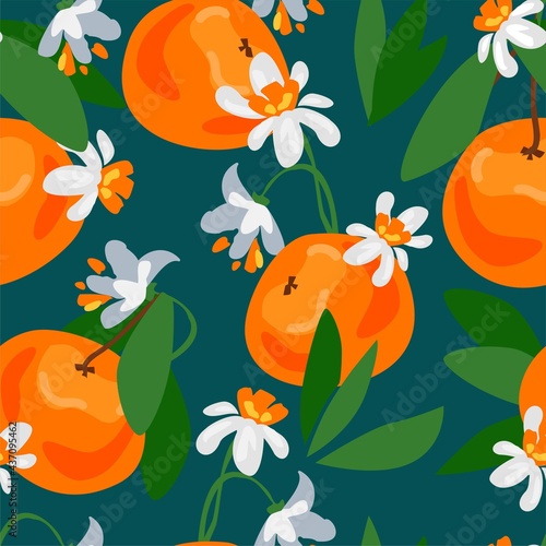 Blooming Orange Fruits with leaves and flowers. Seamless pattern Trend Fruit tropical Print for textiles vector illustration