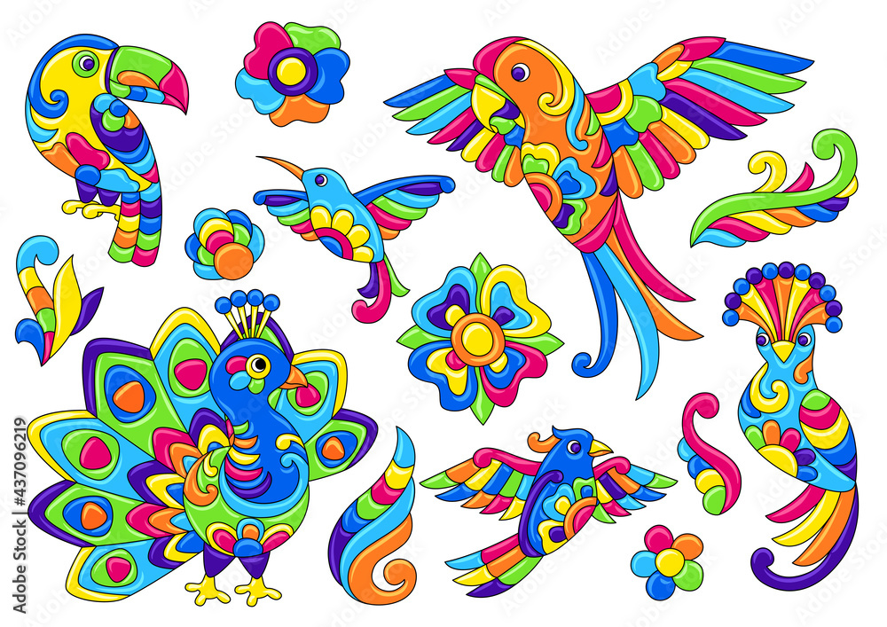Obraz premium Set of decorative tropical birds. Mexican ceramic cute naive art.