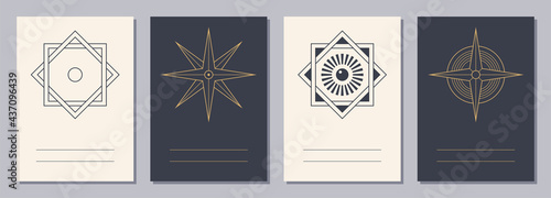 Set of flyers, posters, placards, brochure design templates A6 size with geometric icons. Star shapes. Mystic mandala. Sacred geometry. Vertical blanks with sacral geometric signs. Esoteric symbols.