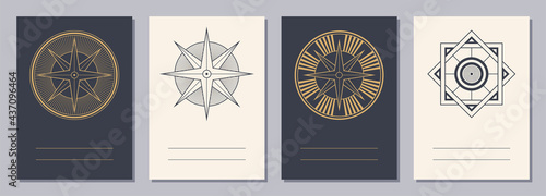 Set of flyers, posters, placards, brochure design templates A6 size with geometric icons. Compass logo. Mystic mandala. Sacred geometry. Vertical blanks with sacral geometric signs. Esoteric symbols.