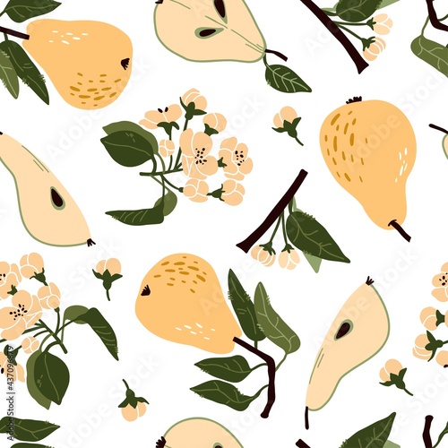 Doodle pear, flowers, leaves, buds vector seamless pattern. Hand-drawn texture for kitchen wallpaper, textile, fabric, paper. Food background. Flat fruits on white. Vegan, Grown, Natural