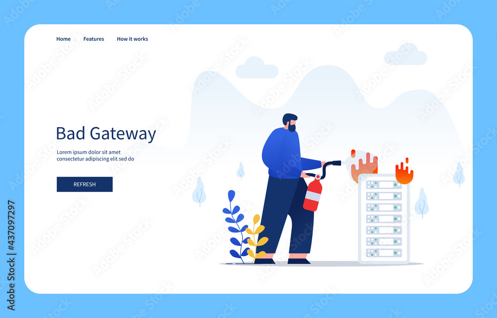 Modern Flat Design Concept Man Putting Out Fire On The Server Using Fire Extinguisher, Bad Gateway For Website And Mobile Site. Empty States Modern Flat Design Concept Man Putting Out Fire On The Server Using Fire Extinguisher, Bad Gateway For Website And Mobile Site. Empty States