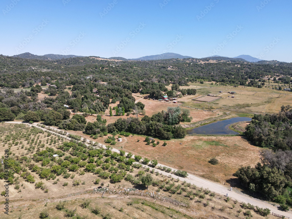 Aerial view of apple tree land in Julian, town famous for its apples and apple pie. San Diego, California, USA