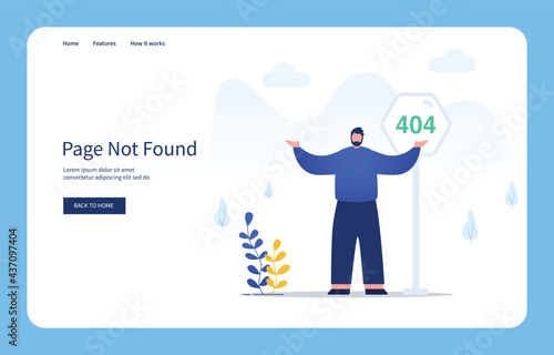 Modern Flat Design Concept Man With Confused Gestures Standing In Front Of 404 Sign, Page Not Found For Website And Mobile Site. Empty States