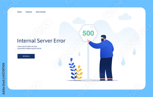 Modern Flat Design Concept Man With Gestures Pointing The 500 Sign, Internal Server Error For Website And Mobile Site. Empty States