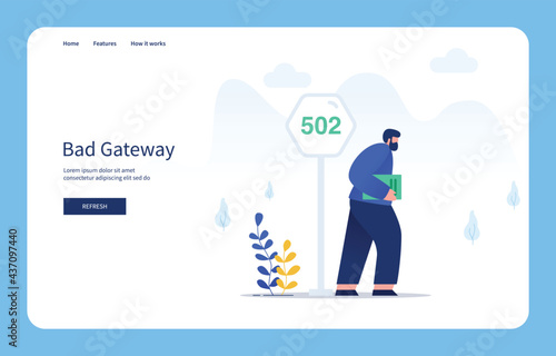 Modern Flat Design Concept Men Leaving The 502 Sign, Bad Gateway For Website And Mobile Site. Empty States